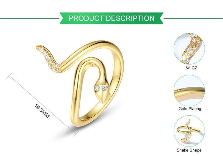 Fashion Trend Wrap Snake Shape CZ Rings Gold Plated Open Adjustable Cubic Zirconia Retro Punk Personality Animal Ring for Women