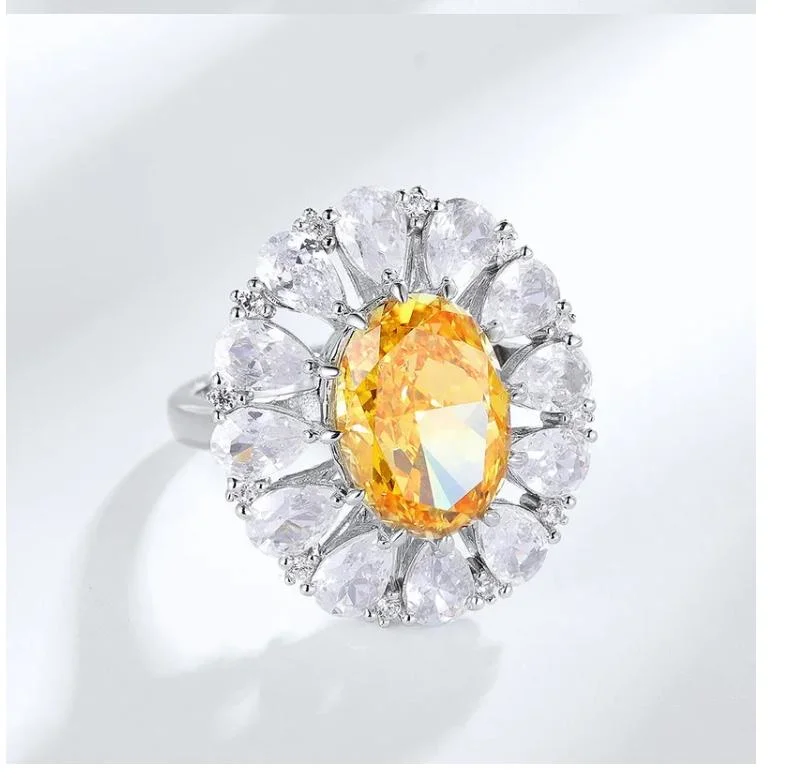 925 Sterling Silver Zircon Gemstone Flower High Carbon Diamonds Cluster Engagement Ring