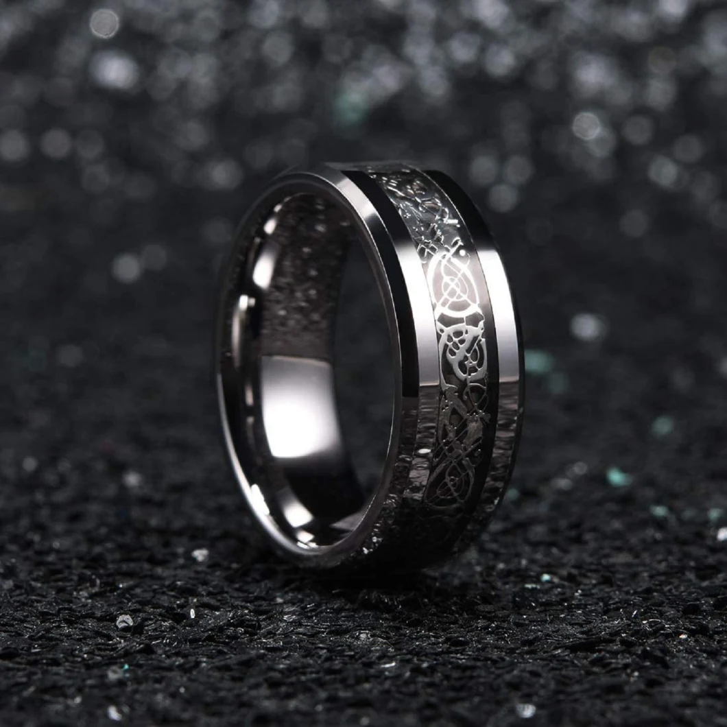 Tungsten Carbide Ring Beveled Edges and Metal Dragon Inlay 8mm