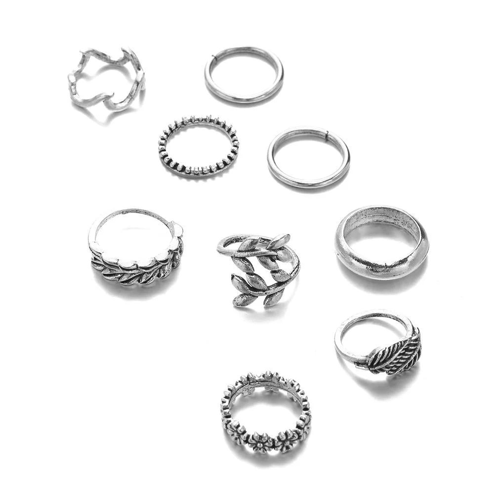Factory Vintage Antique Silver Plated 9 PCS Leaf and Flower Rings Set Wave Ring