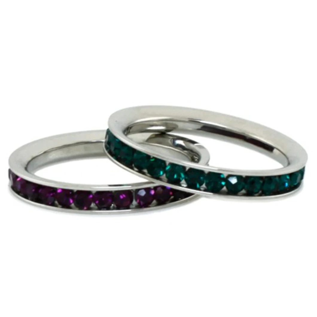 Stainless Steel Eternity Emerald & Amethyst Color Crystal Stackable Rings