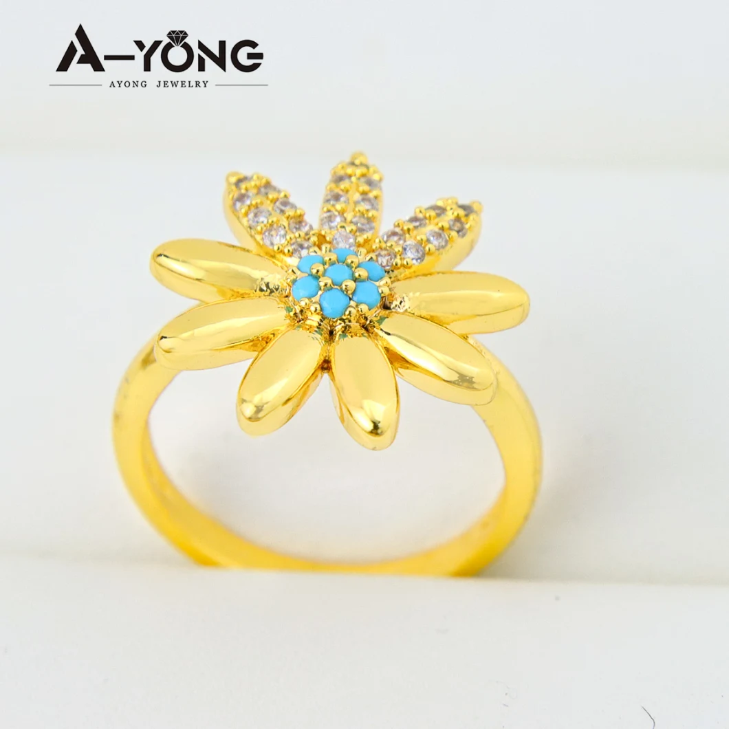 Popular Selling Brass Turquoise Colored Flower Zircon Gold Rings for Women 18K