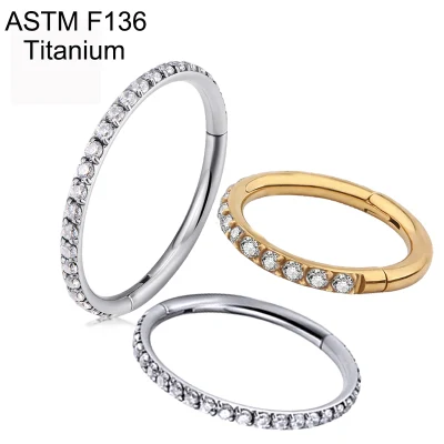 Gzn ASTM F-136 Anello a cerchio con segmento incernierato per gioielli caldi in titanio penetrante con CZ Pave Setto nasale Clicker Cartilagine Orecchino Design all'ingrosso di gioielli