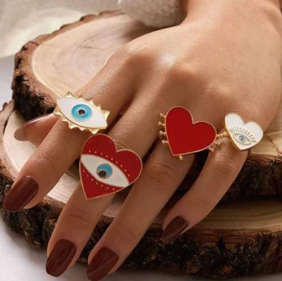 Anello alla moda a forma di cuore con olio gocciolante, anello dell'amore del malocchio regolabile