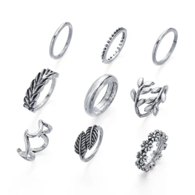 Set di anelli con foglie e fiori vintage placcati in argento antico da 9 pezzi, anello ondulato