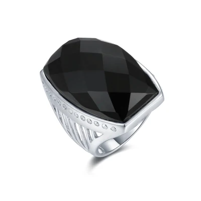 Anello quadrato in argento 925 con pietra preziosa con charm, anello vintage con pietra agata nera