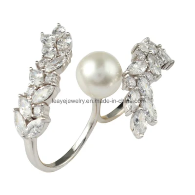 Anello a due dita con gioielli con diamanti alla moda con perla di conchiglia per gioielli da donna in argento 925