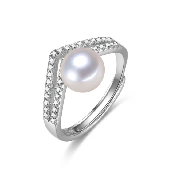 Anelli di perle nuziali da sposa d'acqua dolce con zirconi in argento sterling 925 regolabili per le donne