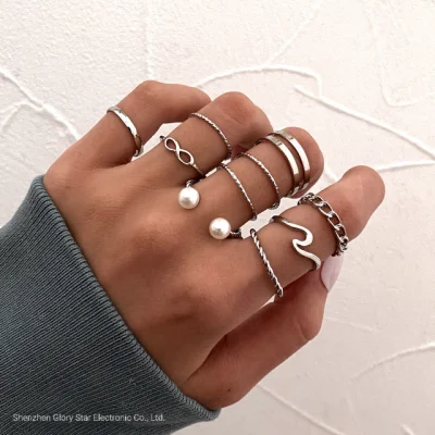 Set di anelli per ragazze, anello geometrico con apertura perla